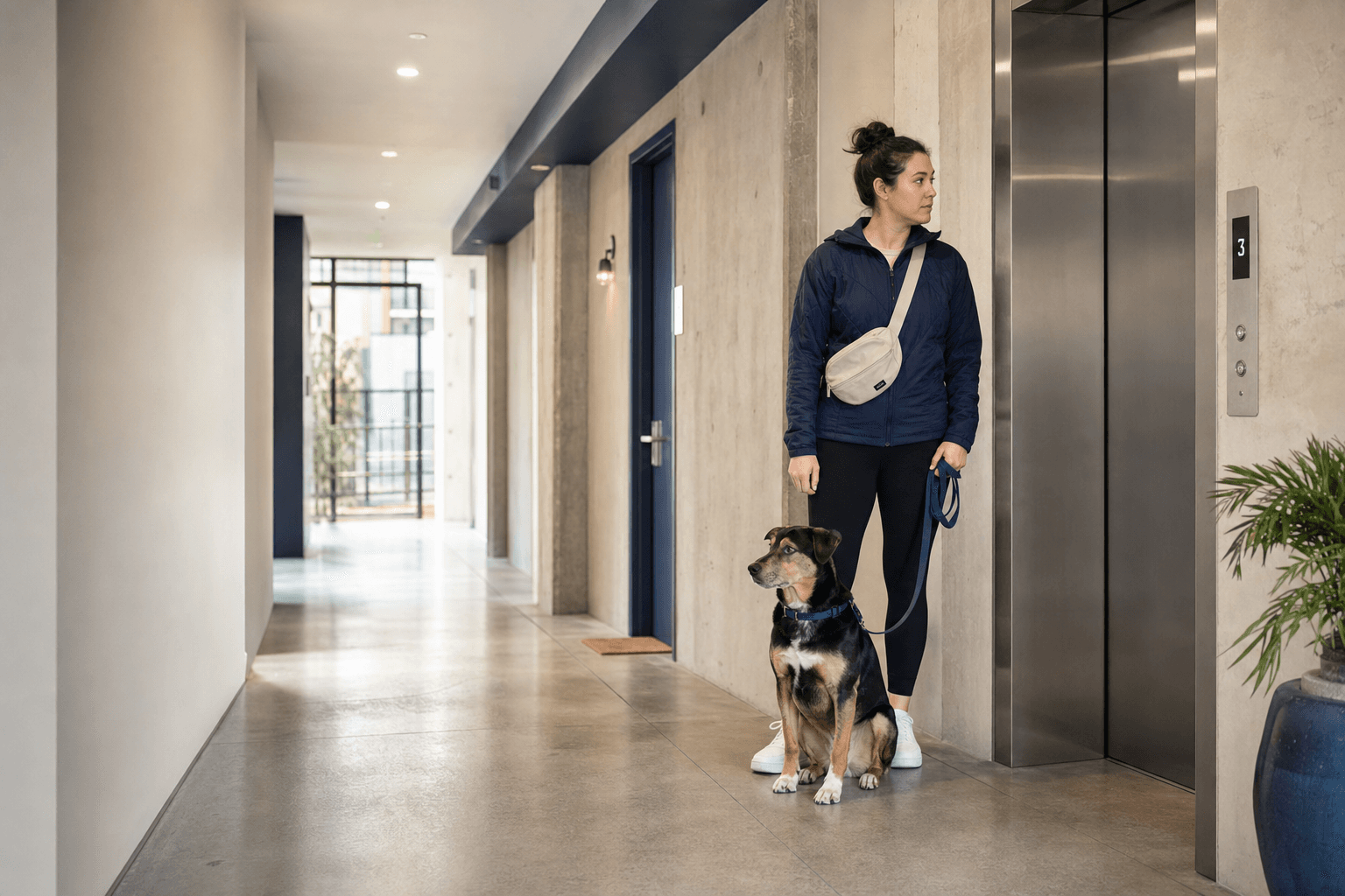 A dog and owner preparing to use a shared apartment-building lift