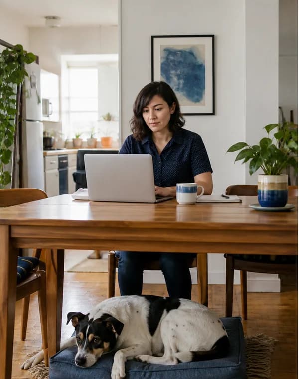 A dog owner working at a table while their dog rests nearby