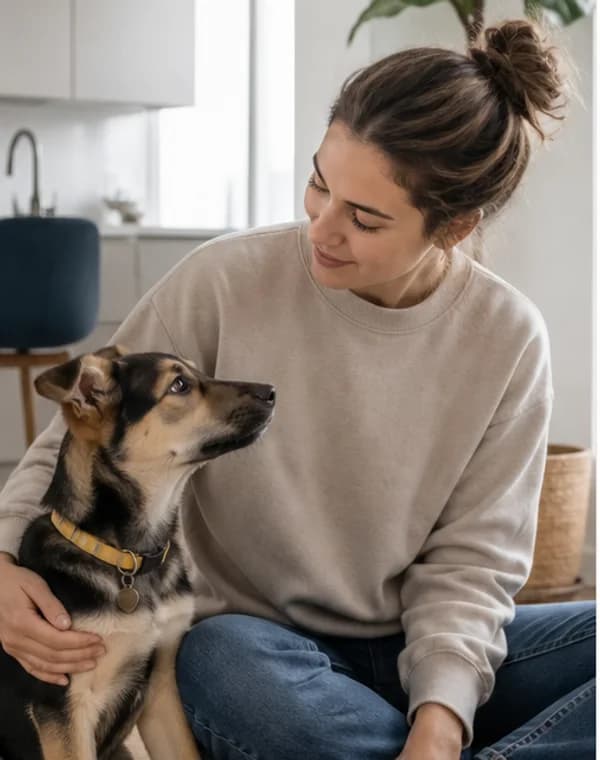 A new dog owner sharing a calm moment with their dog