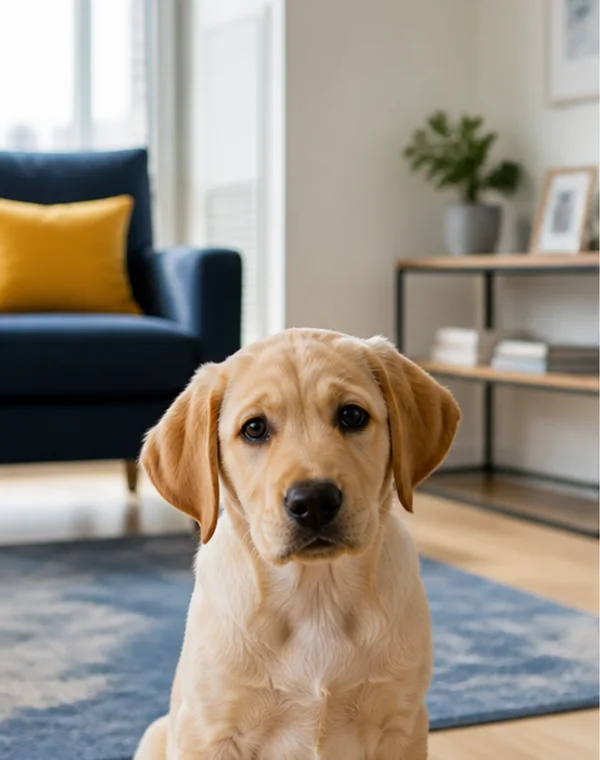 A Labrador puppy sitting in a bright apartment