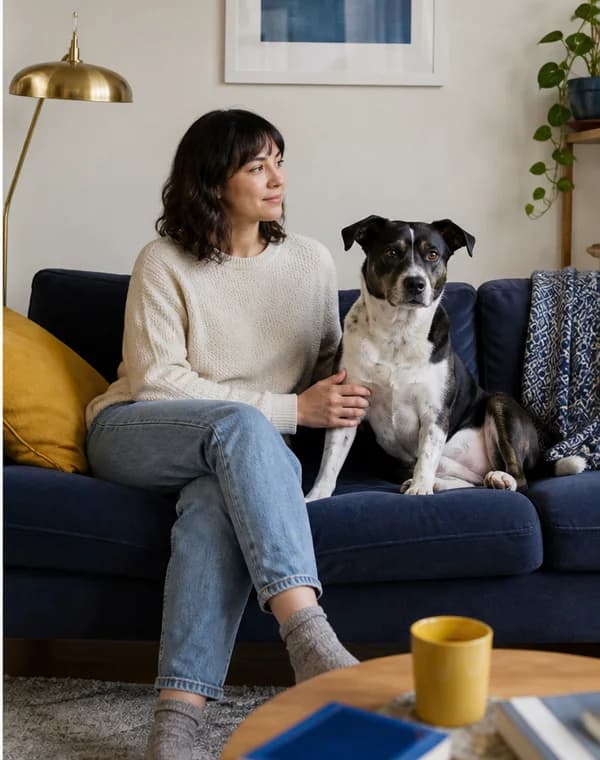 A dog owner sitting beside their alert dog in an apartment