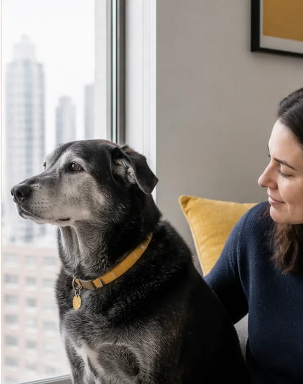 An older dog sitting beside their owner near an apartment window