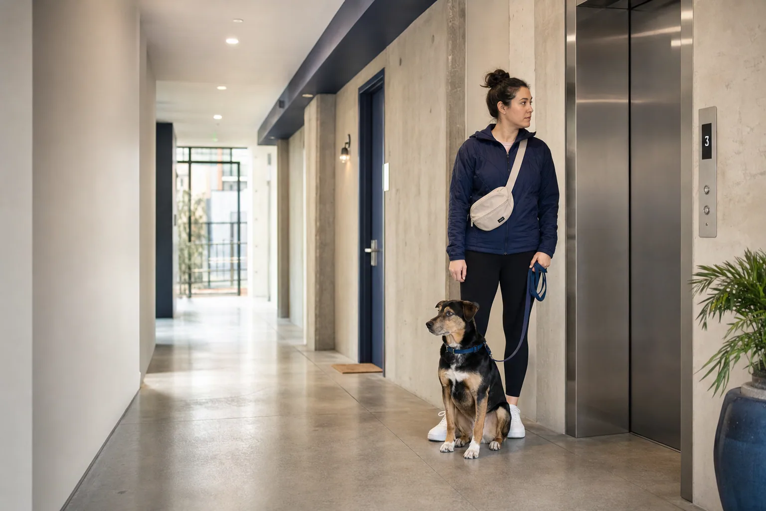 A dog owner calmly waiting beside an apartment elevator with their dog